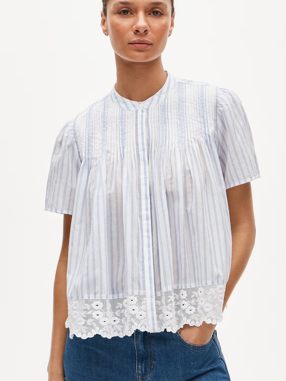 J. Crew Blue and White Striped Lace-Hem Short Sleeve Blouse